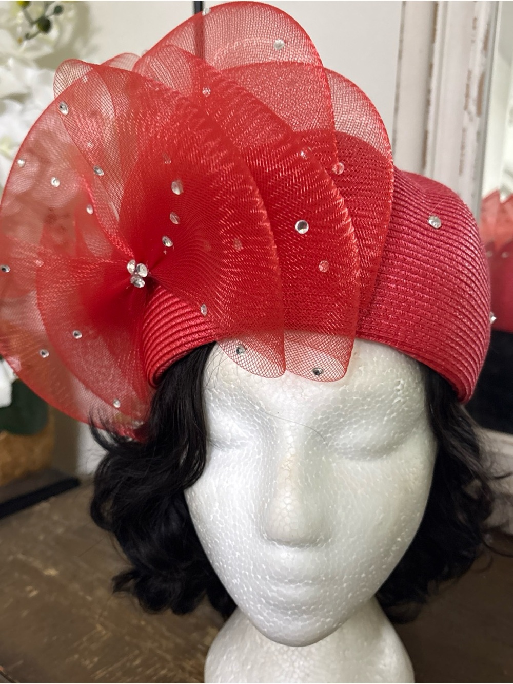 Vintage Red Decorative Fascinator Hat with Crystal Accents